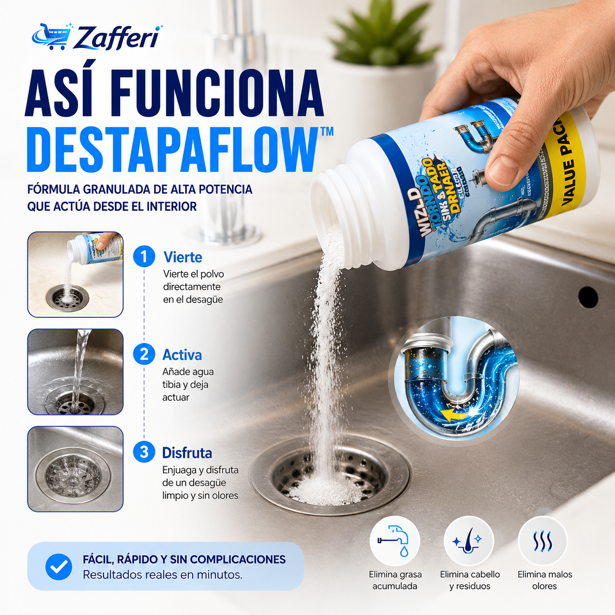 DestapaFlow™ Limpiador Granulado de Desagües